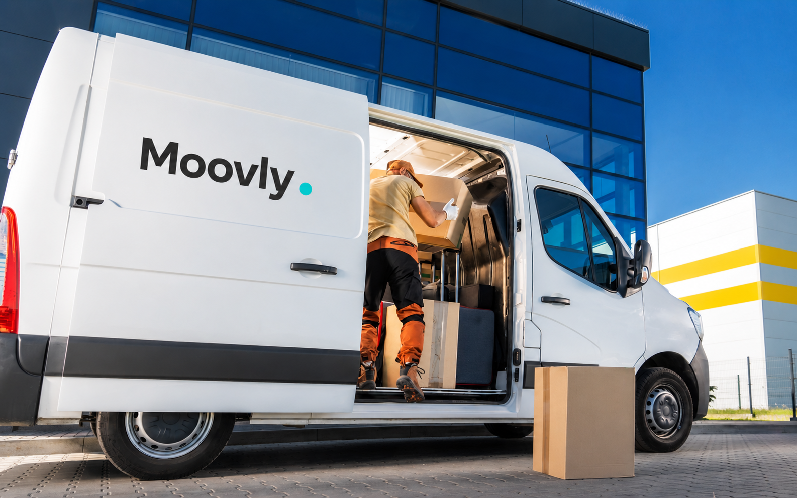 Moovly delivery driver loading parcels into a branded van at a depot